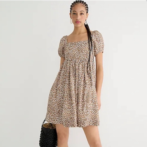 J. Crew Dresses & Skirts - J Crew Linen Cupro Blend Mini Dress Leopard Animal Pockets Puff Sleeves Brown